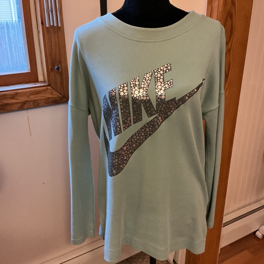 Nike Mint Green Pullover Sweatshirt with Metallic Swoosh